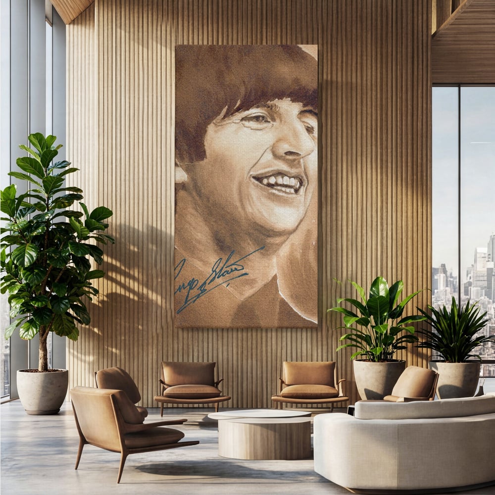 Tablou canvas cu tablou canvas portret ringo starr, fara rama, pe sasiu de lemn, pe perete intr-un birou